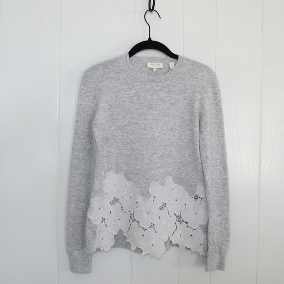 Ted Baker ”Jayya” Gray Cashmere/Wool Blend Floral Lace Bottom Sweater Sz 0/ US 2